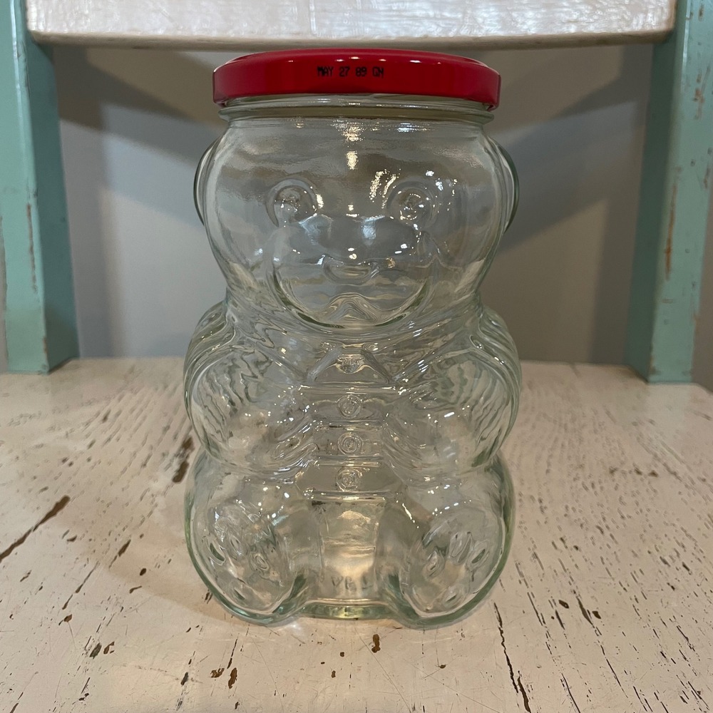 Vintage 1988 Kraft‎ Strawberry Jam Glass Teddy Bear Jelly Jar Red Lid 6 Inch